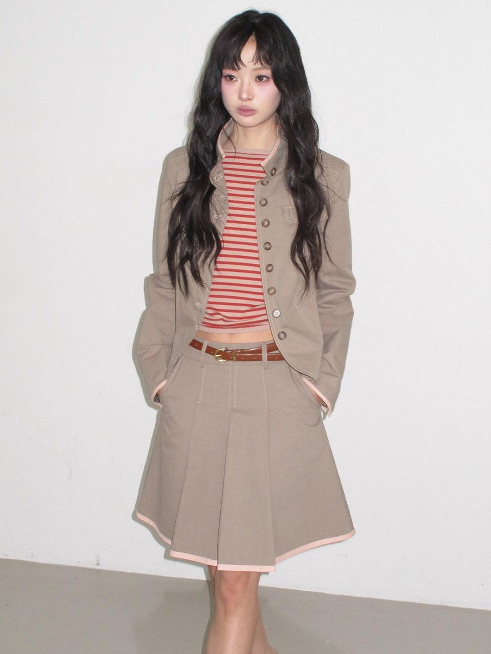 lvetong Contrast Striped Slim Street Stand Collar Button Khaki Top & Skirt Sets