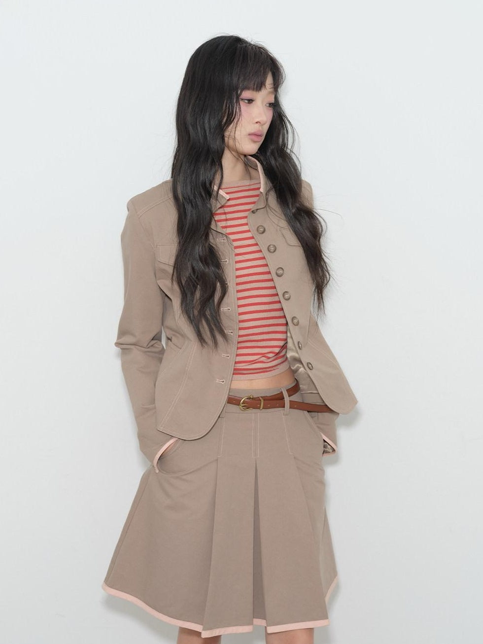 lvetong Contrast Striped Slim Street Stand Collar Button Khaki Top & Skirt Sets