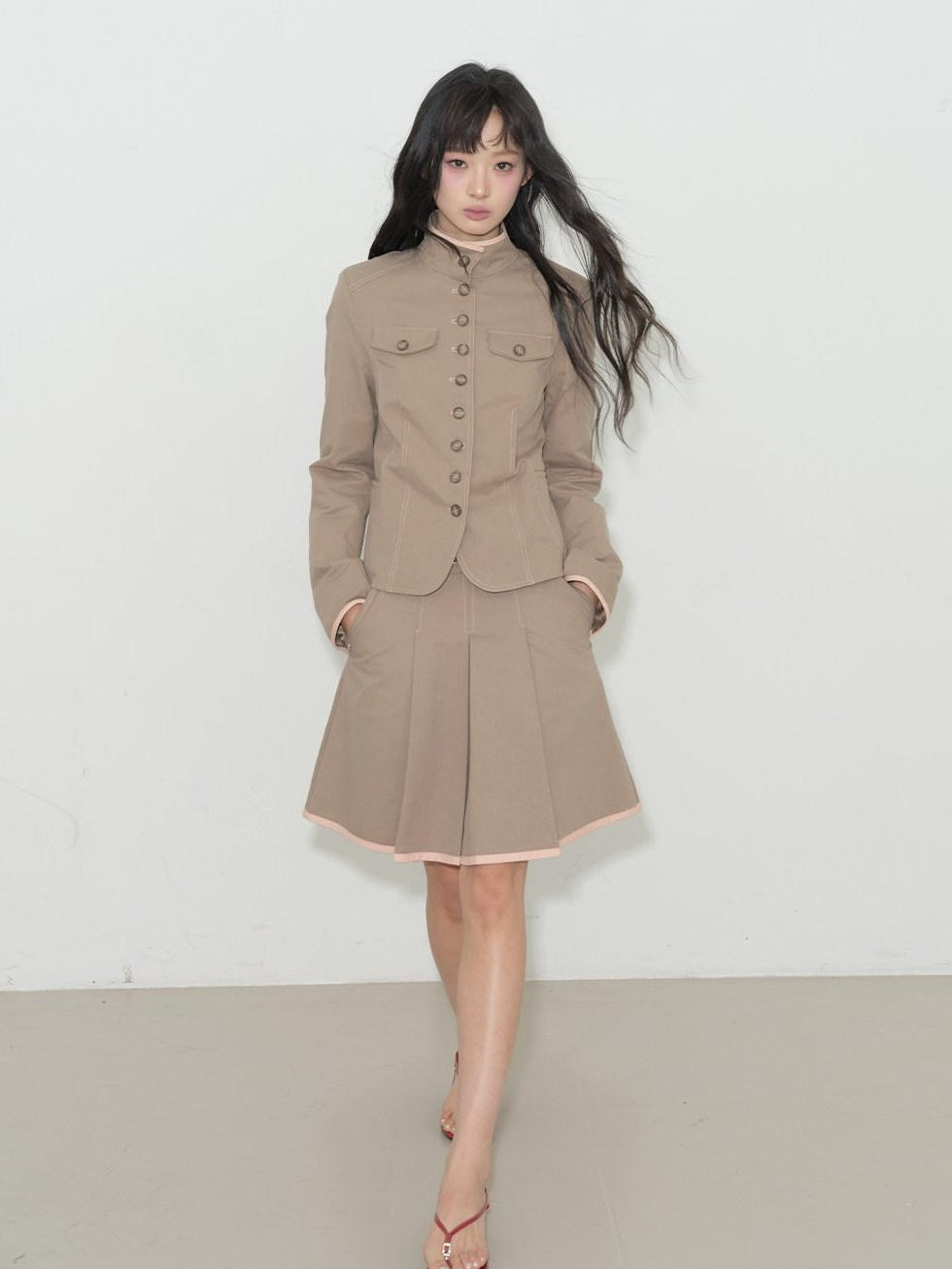 lvetong Contrast Striped Slim Street Stand Collar Button Khaki Top & Skirt Sets