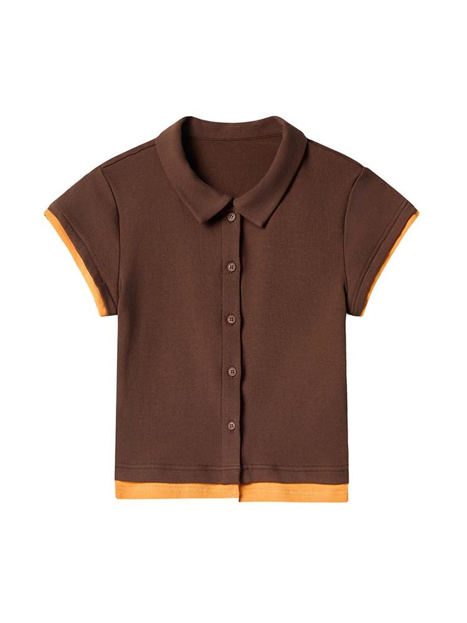 lvetong Cotton Mix Slim Street Polo Button Cropped Paneled Brown Short Sleeve T-Shirts