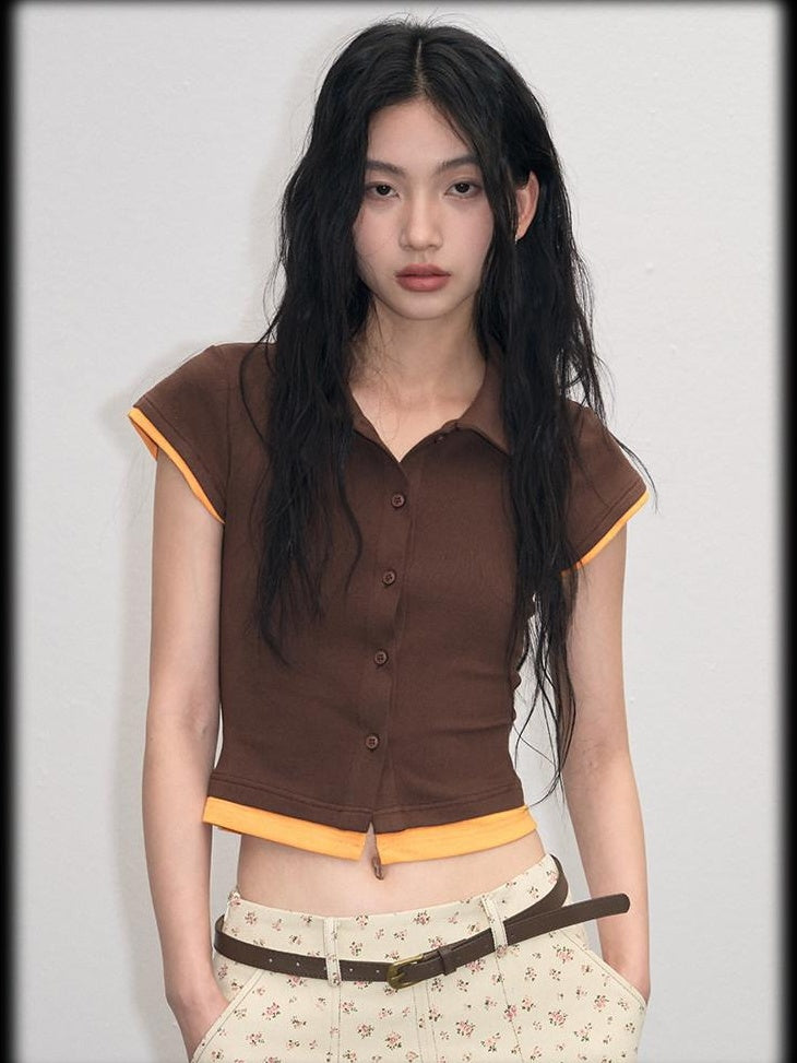 lvetong Cotton Mix Slim Street Polo Button Cropped Paneled Brown Short Sleeve T-Shirts