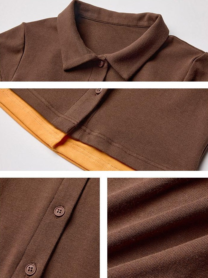 lvetong Cotton Mix Slim Street Polo Button Cropped Paneled Brown Short Sleeve T-Shirts