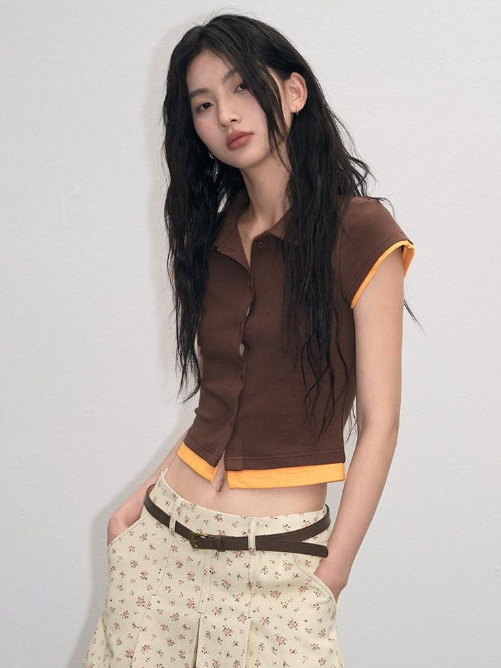 lvetong Cotton Mix Slim Street Polo Button Cropped Paneled Brown Short Sleeve T-Shirts