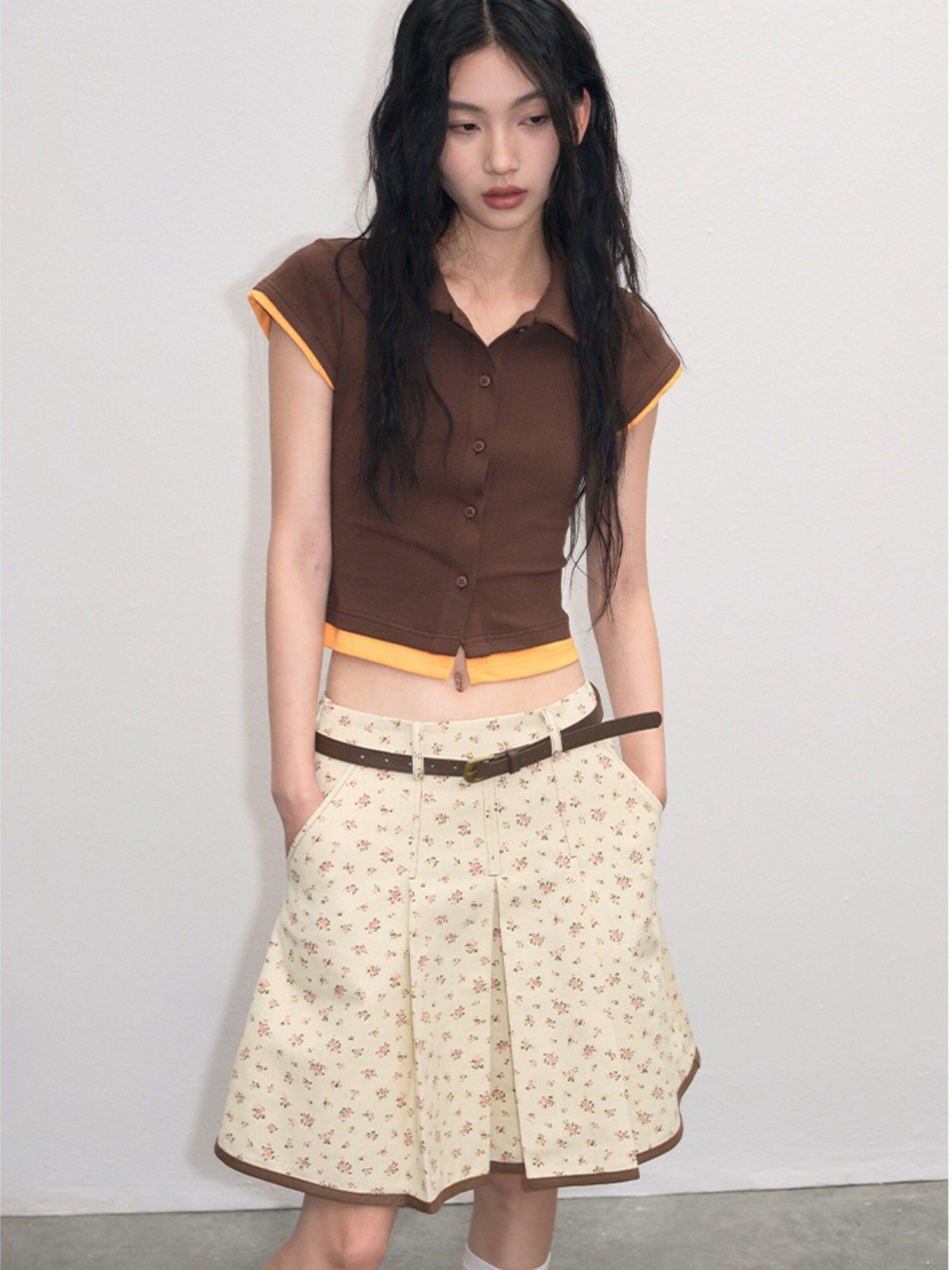 lvetong Cotton Mix Slim Street Polo Button Cropped Paneled Brown Short Sleeve T-Shirts