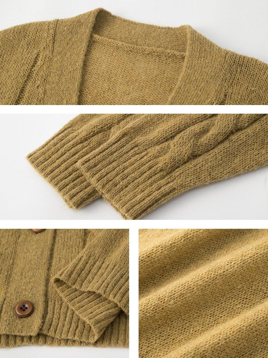 lvetong Cozy Knit Loose Fit Street Style Button Front Round Neck Green Women Cardigans