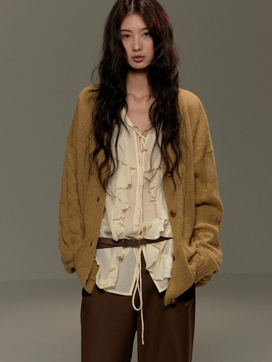 lvetong Cozy Knit Loose Fit Street Style Button Front Round Neck Green Women Cardigans