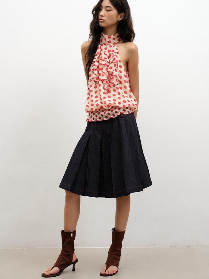 lvetong Denim Blue Pressed Pleats Aline Mid Waist Women&