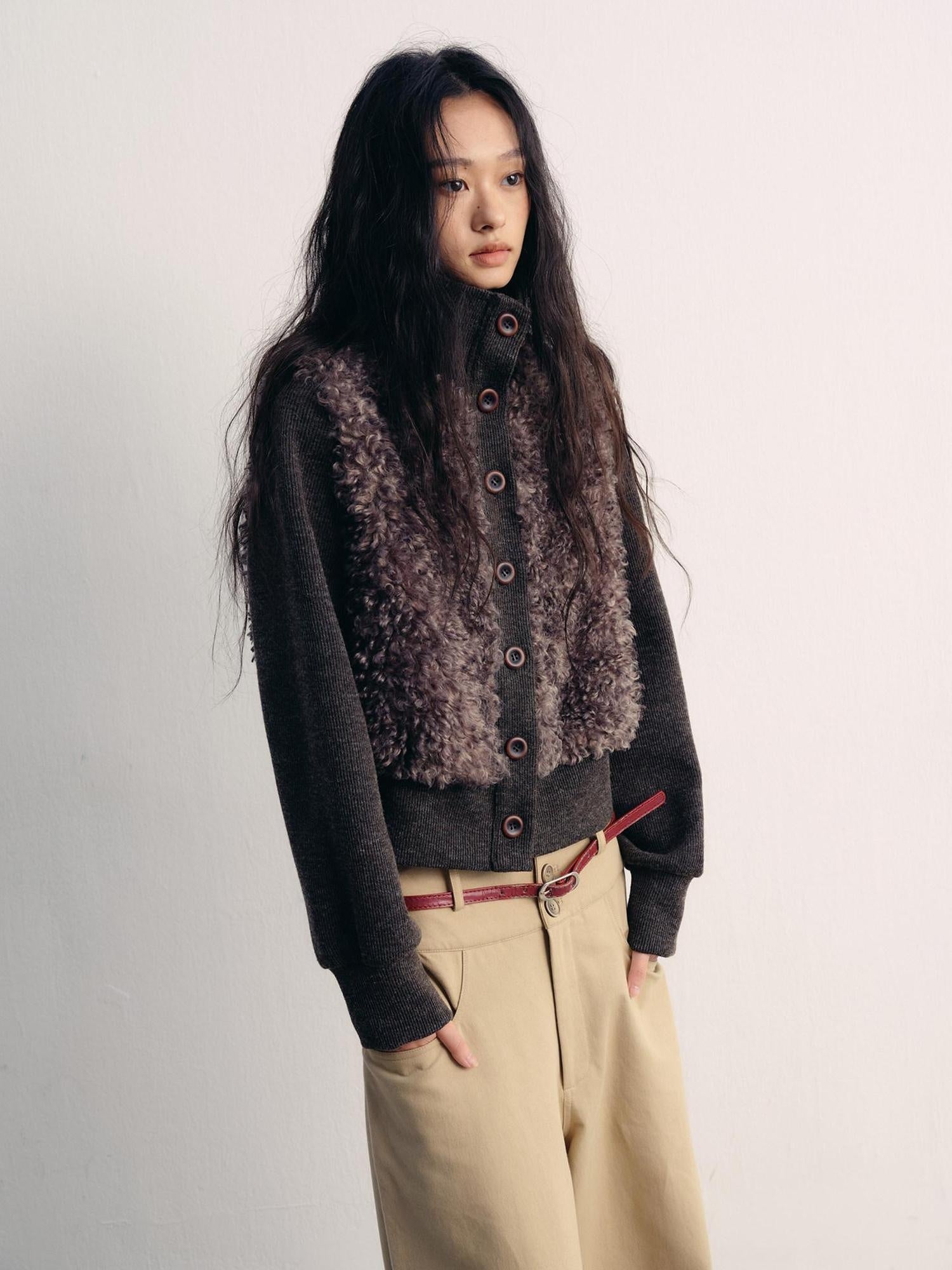 lvetong Fleece Lined High Neck Oversized Street Women Button Short Gray Cropped Jackets