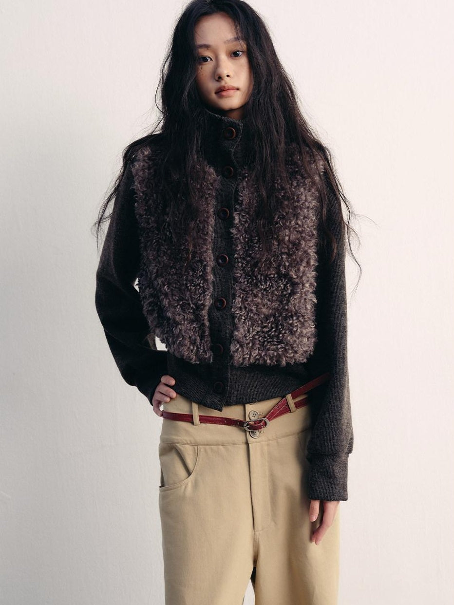 lvetong Fleece Lined High Neck Oversized Street Women Button Short Gray Cropped Jackets