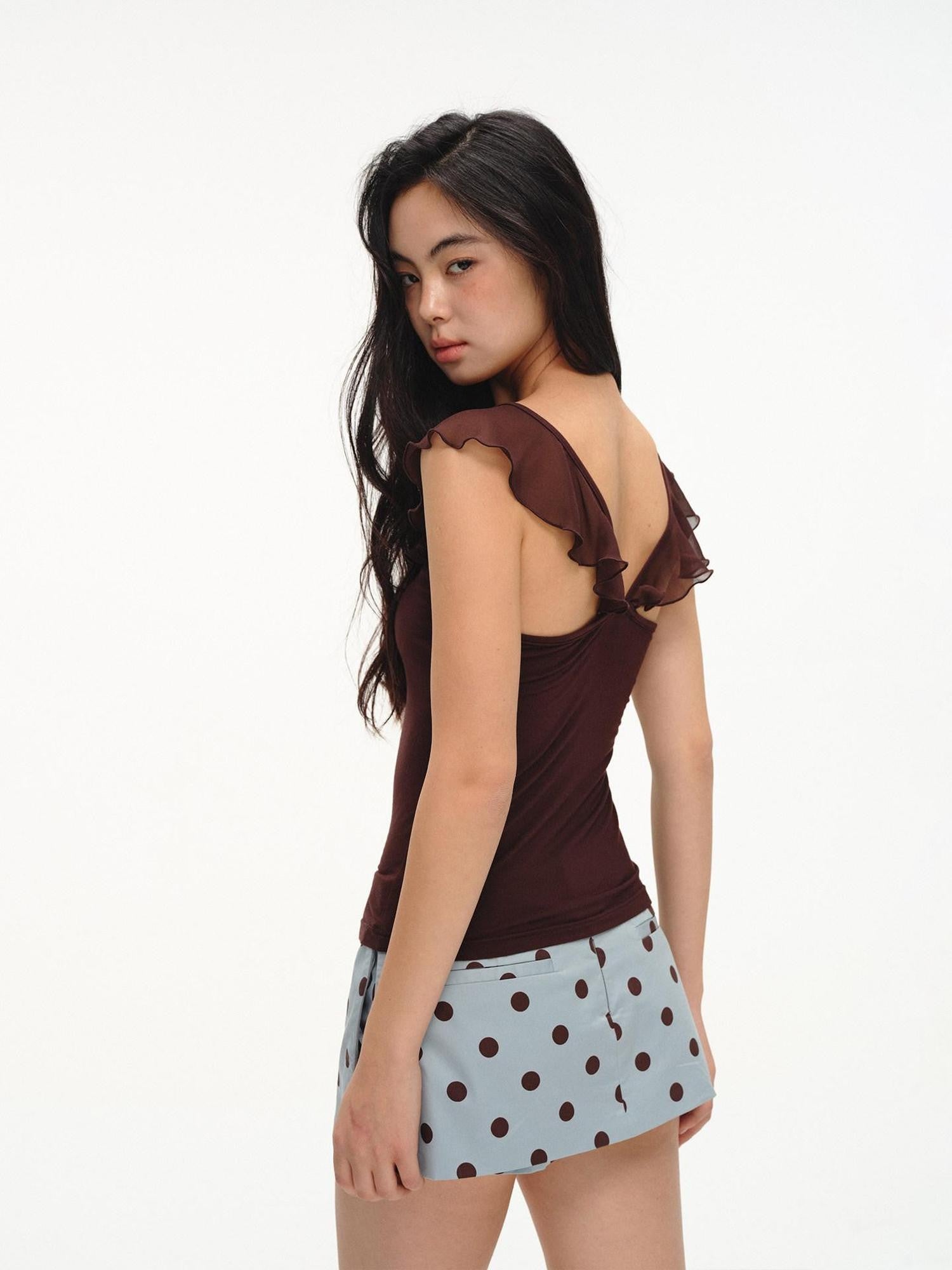 lvetong French V-neck Ruffle Flutter Sleeve Slim Women&