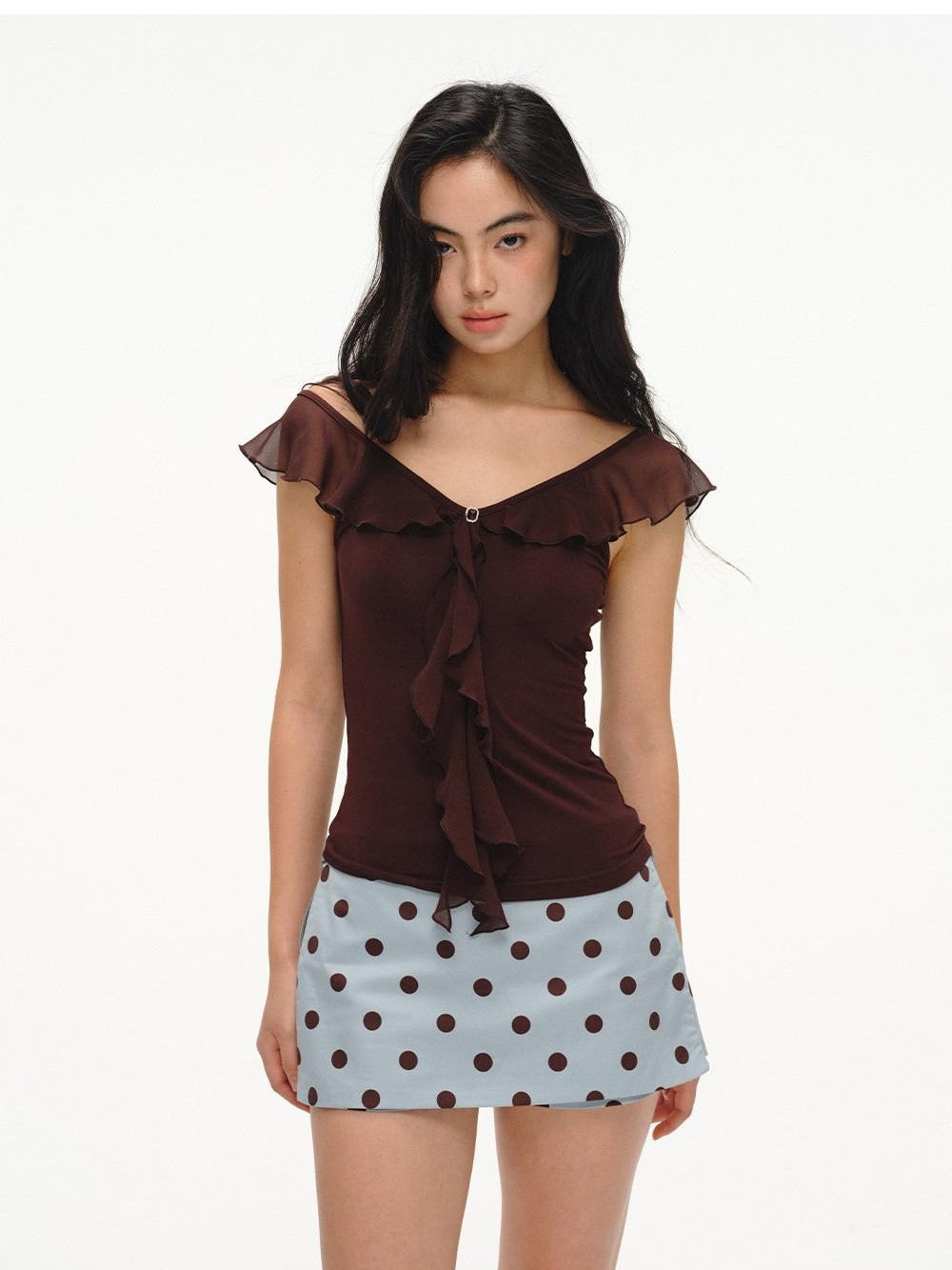 lvetong French V-neck Ruffle Flutter Sleeve Slim Women&