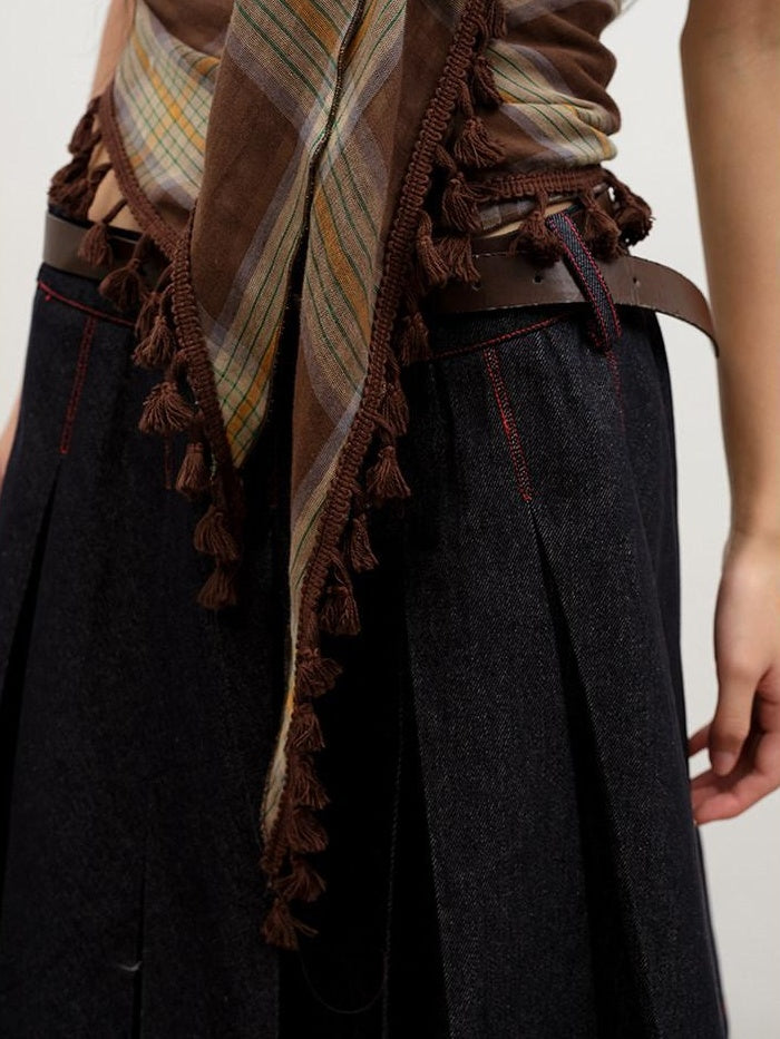 lvetong Fringe Detail Slim Fit Street Style Crop Cotton Plaid Tube Tops / Bandeaus