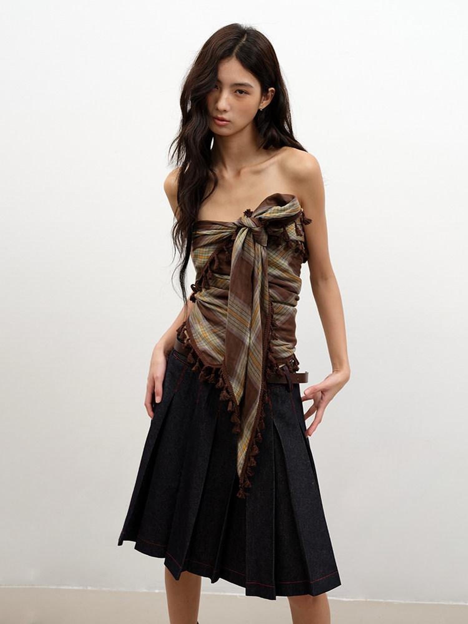 lvetong Fringe Detail Slim Fit Street Style Crop Cotton Plaid Tube Tops / Bandeaus