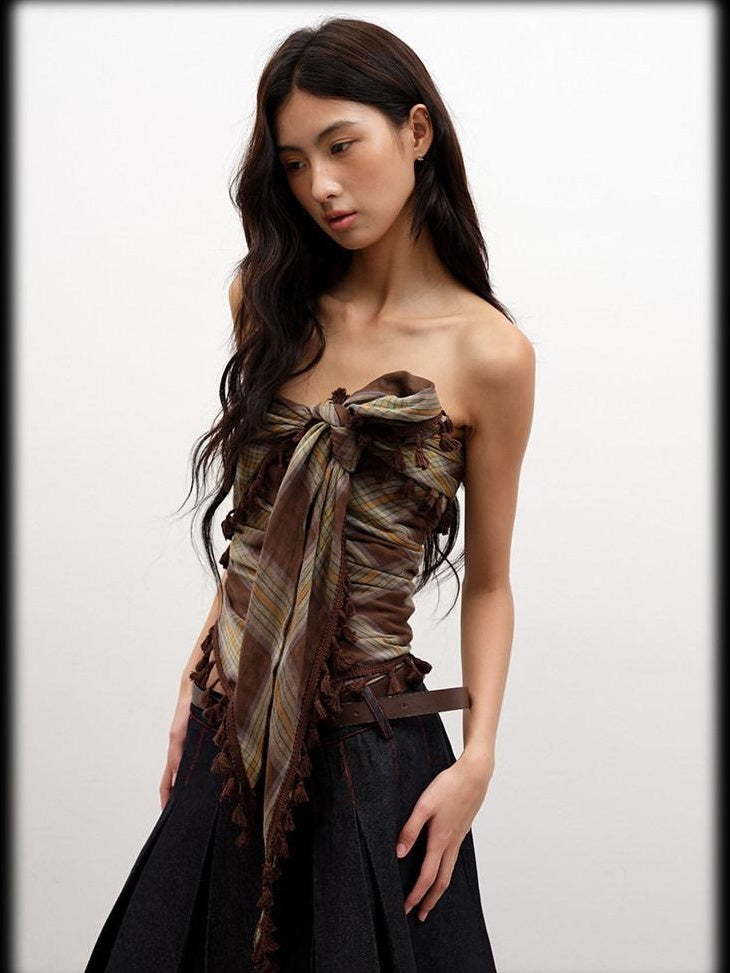 lvetong Fringe Detail Slim Fit Street Style Crop Cotton Plaid Tube Tops / Bandeaus