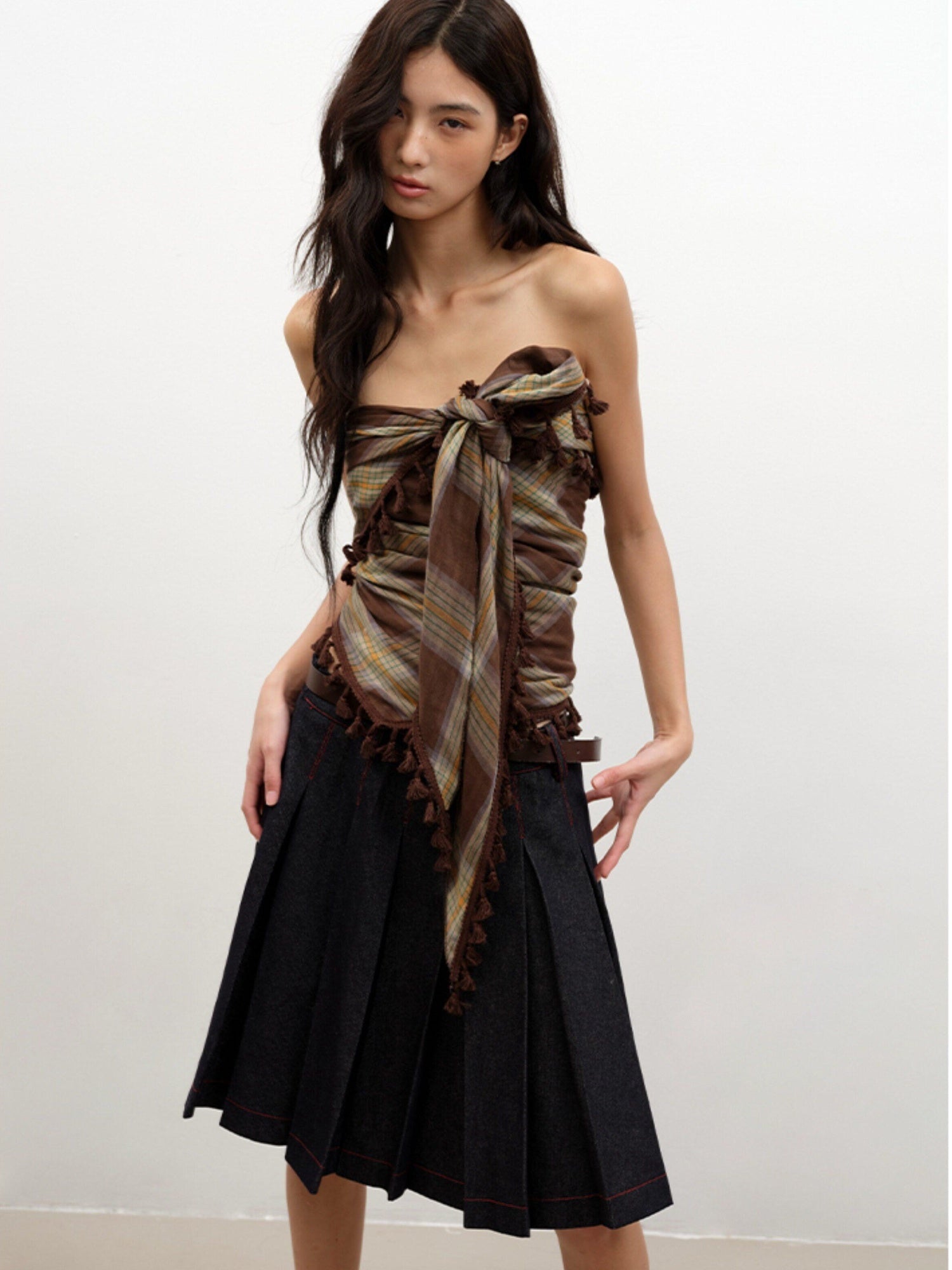 lvetong Fringe Detail Slim Fit Street Style Crop Cotton Plaid Tube Tops / Bandeaus