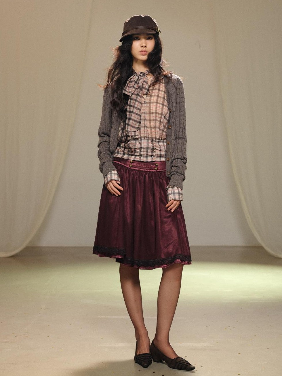 lvetong Gray Cable Knit V-neck Buttoned Fitted Women&