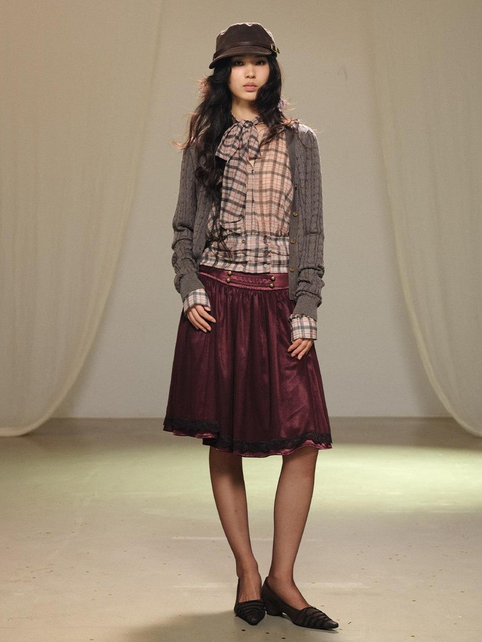 lvetong Gray Cable Knit V-neck Buttoned Fitted Women&