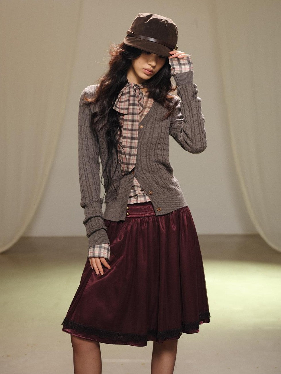 lvetong Gray Cable Knit V-neck Buttoned Fitted Women&