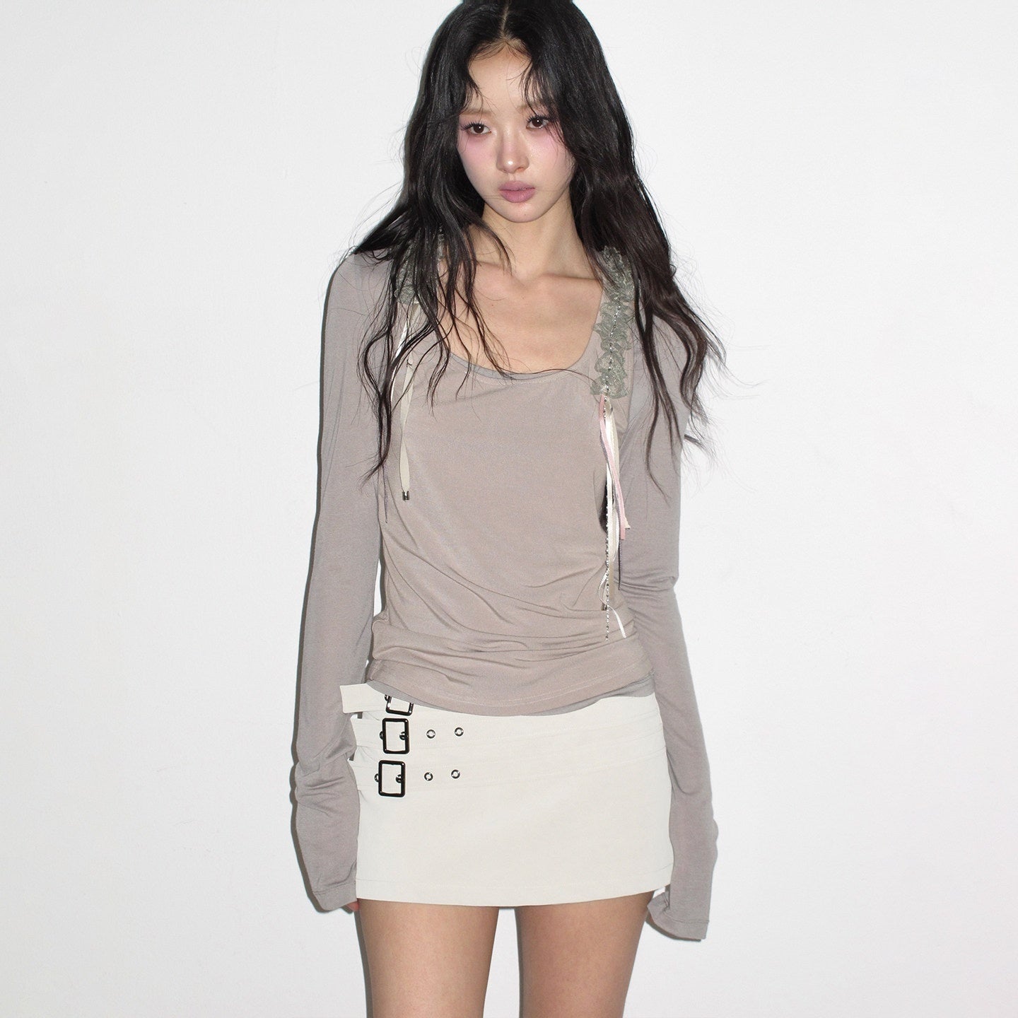 lvetong_Gray_Green_Lace_Ribbon_Splice_U_Neck_H_Tank_Women&