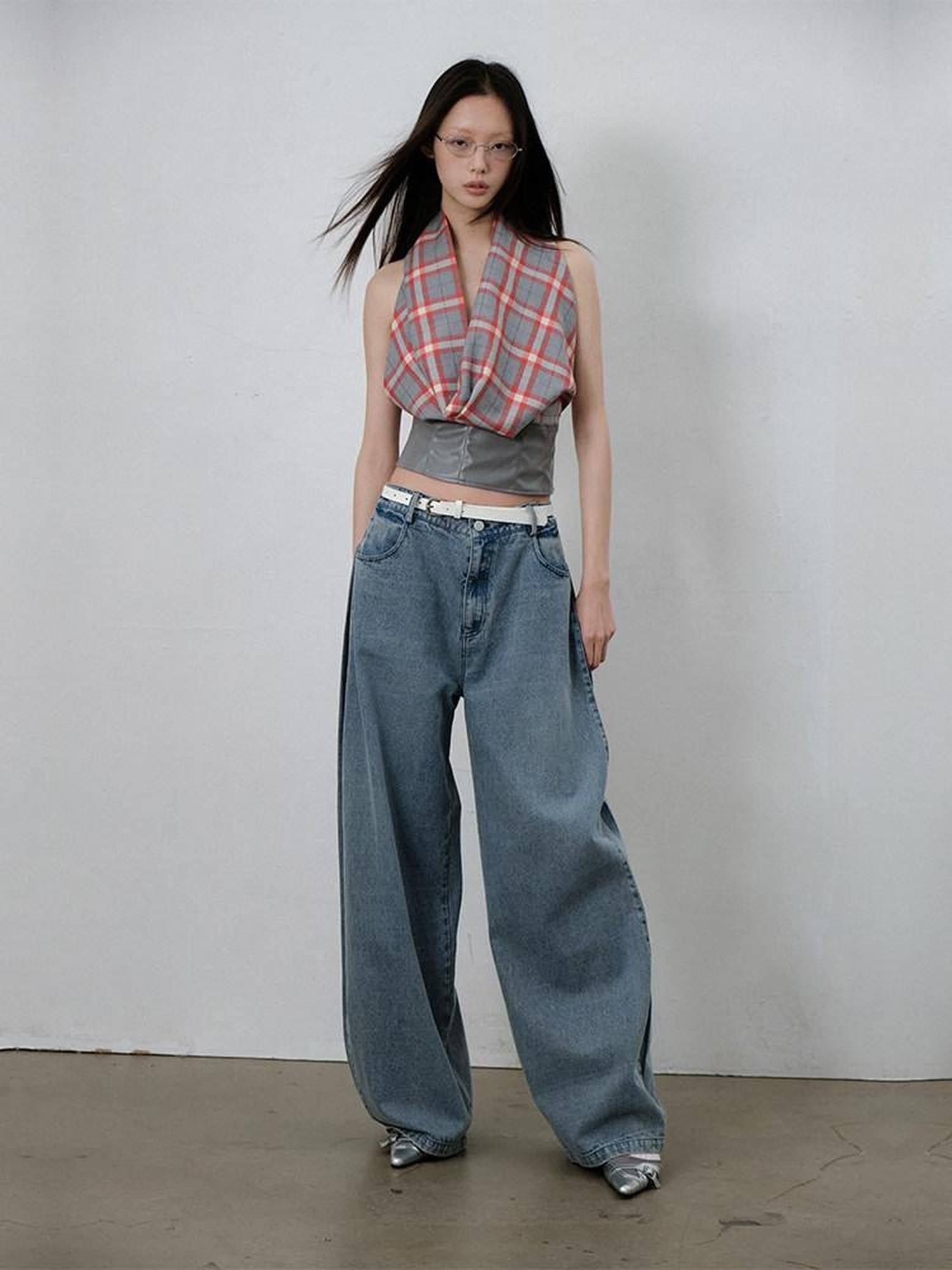 lvetong Gray Red Plaid Patchwork Halter Scarf Collar Women&