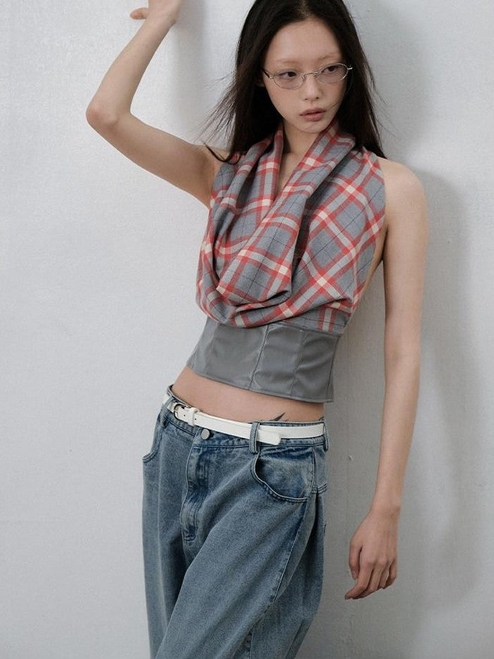 lvetong Gray Red Plaid Patchwork Halter Scarf Collar Women&