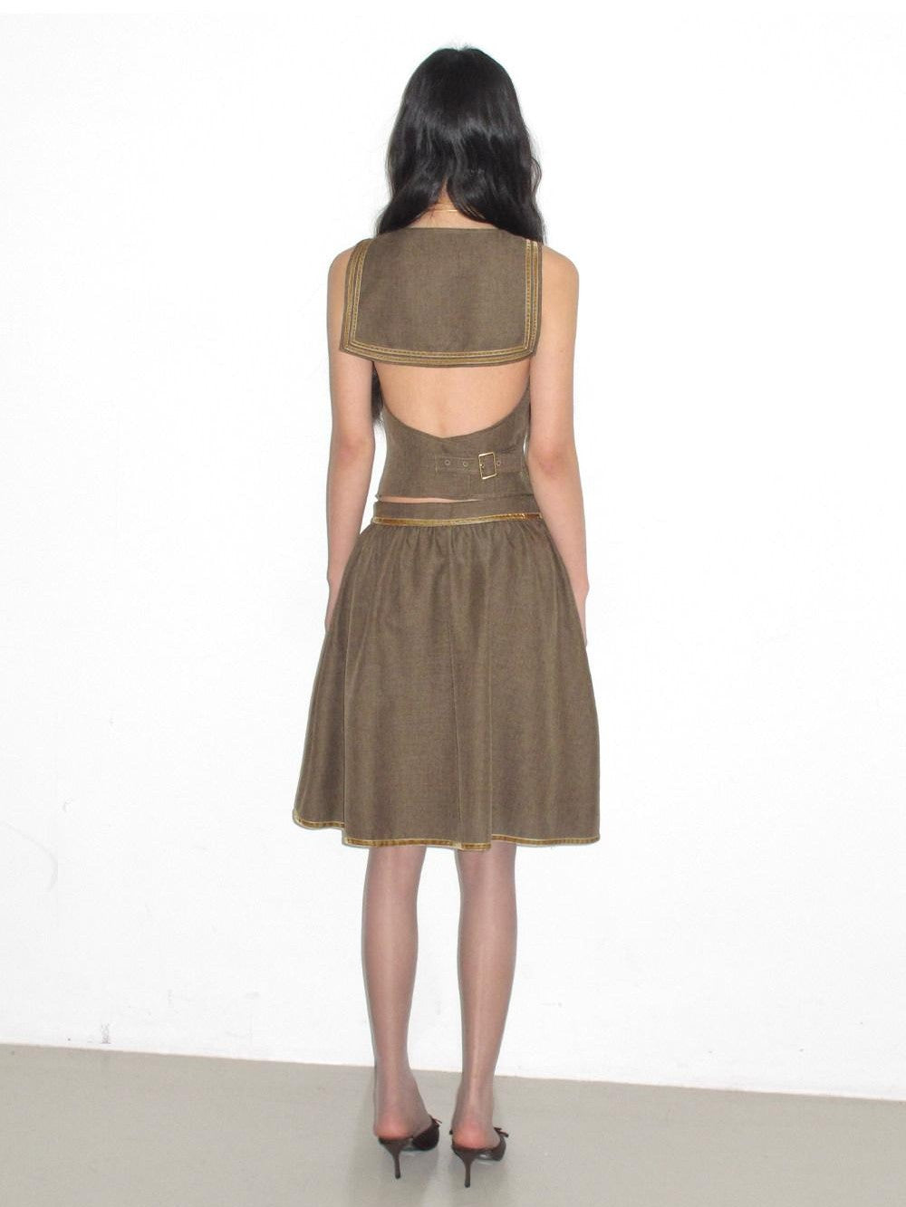 lvetong Green Sailor Collar Strap Spliced V-neck Pleated Women&