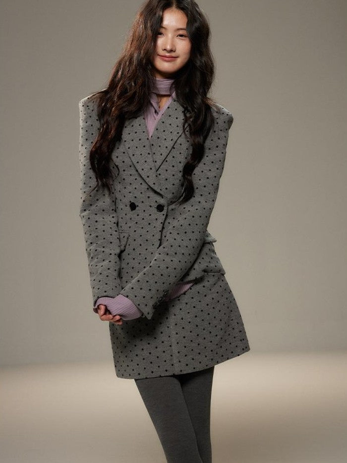 lvetong Grey Polka Dot Notch Lapel Cinched Waist Long Sleeve Women&