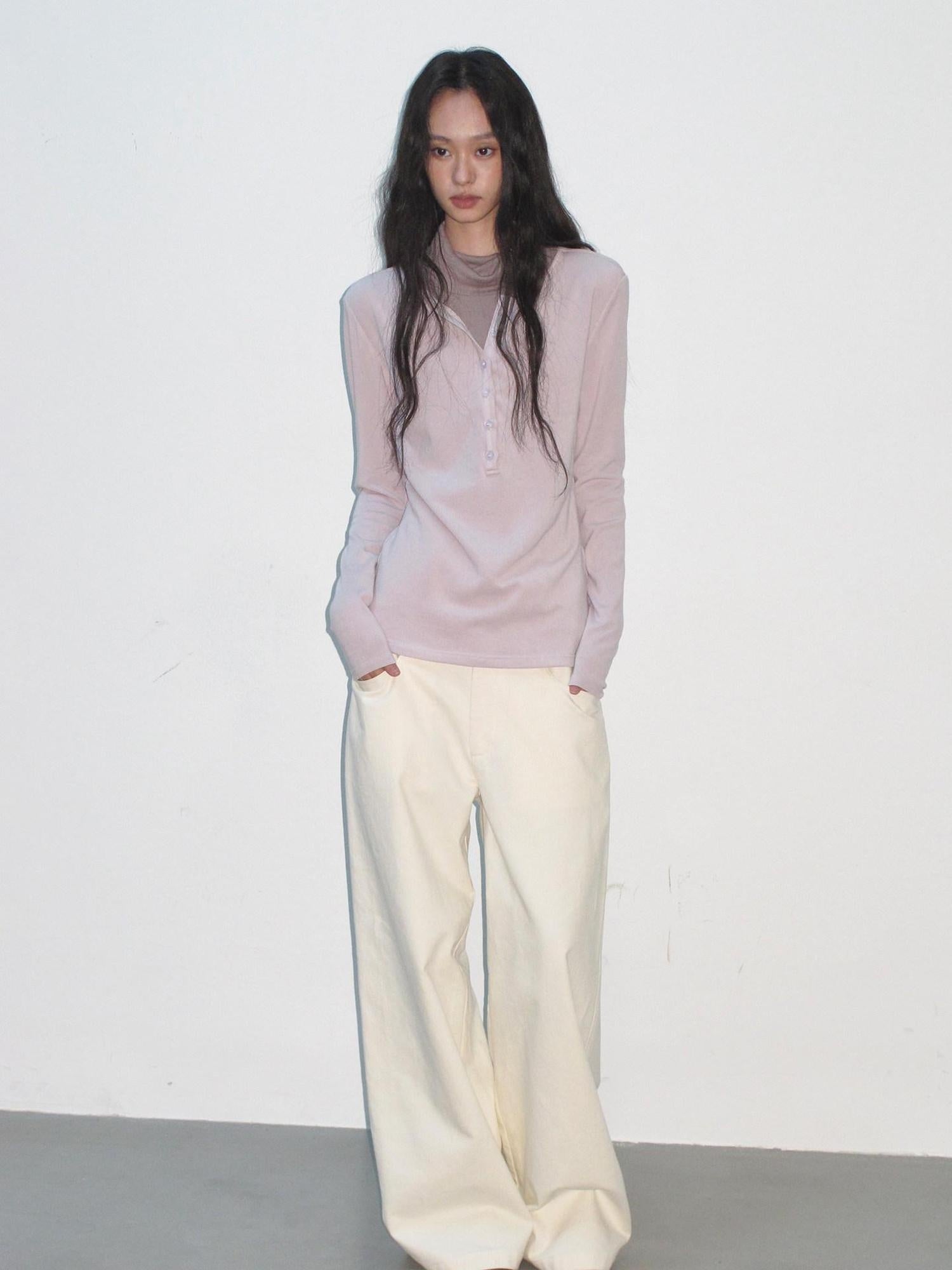 lvetong High Neck Patchwork Fake Layer Loose Street Womens Purple Long Sleeve T-Shirts