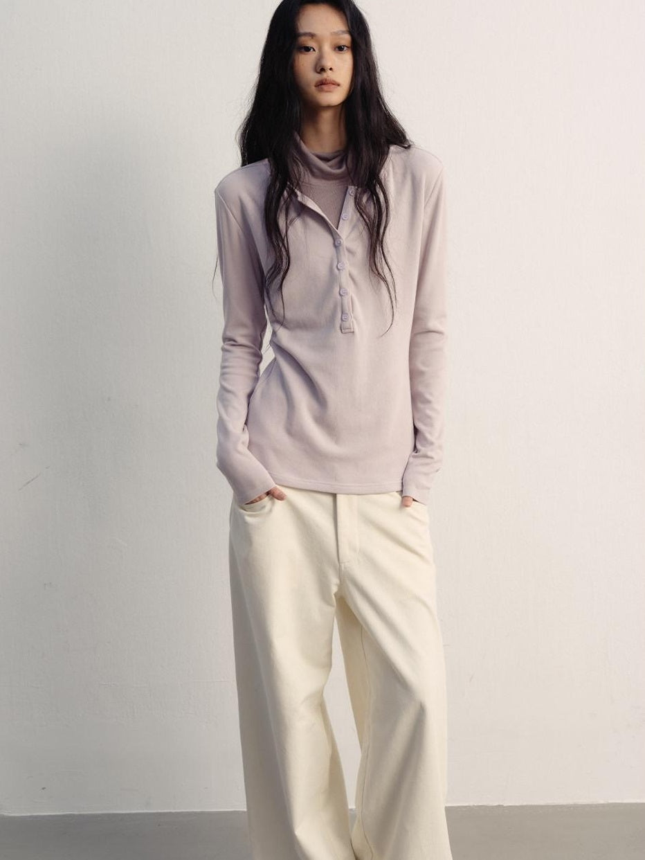 lvetong High Neck Patchwork Fake Layer Loose Street Womens Purple Long Sleeve T-Shirts