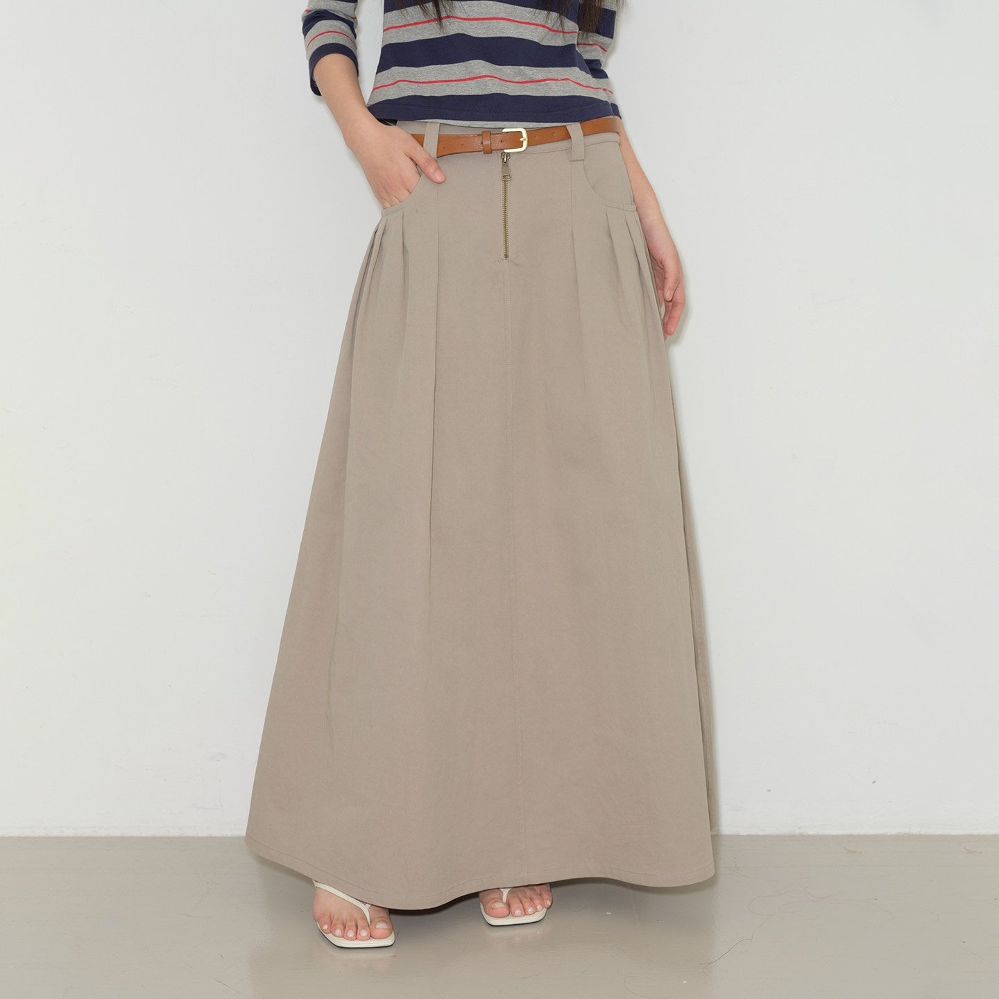 lvetong High Waist Pleated A Line Khaki Cotton Blend Casual Women Maxi Skirts
