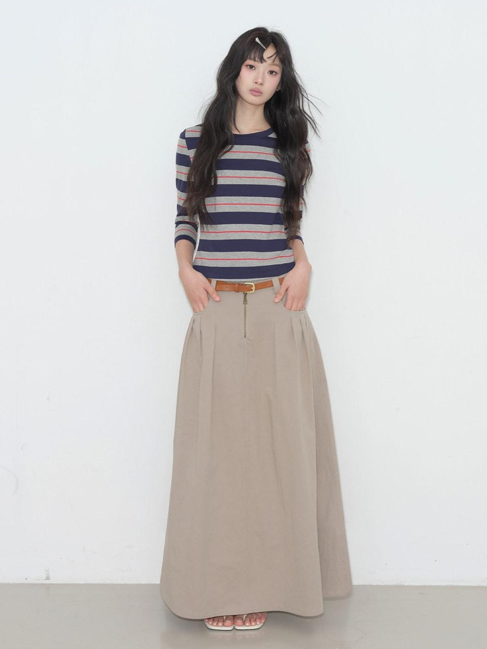 lvetong High Waist Pleated A Line Khaki Cotton Blend Casual Women Maxi Skirts