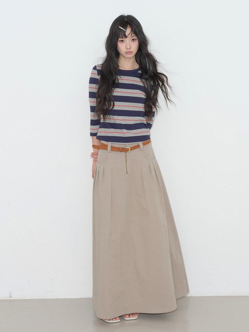 lvetong High Waist Pleated A Line Khaki Cotton Blend Casual Women Maxi Skirts