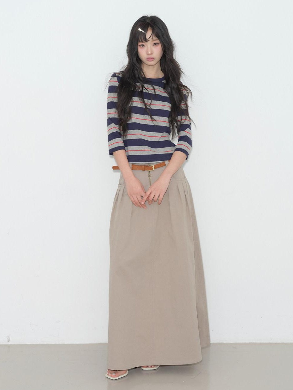 lvetong High Waist Pleated A Line Khaki Cotton Blend Casual Women Maxi Skirts