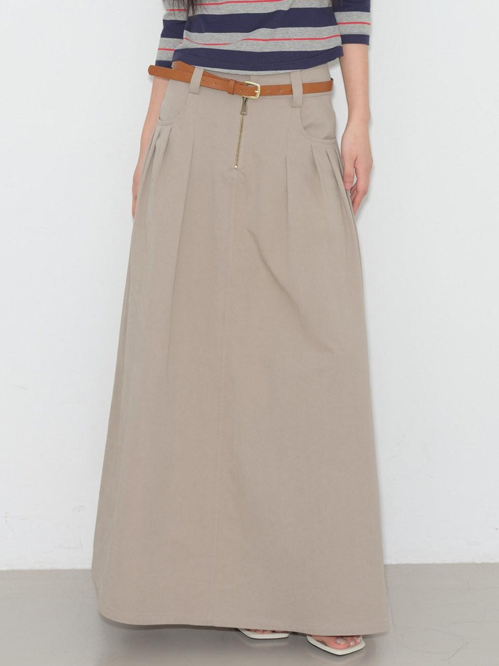 lvetong High Waist Pleated A Line Khaki Cotton Blend Casual Women Maxi Skirts