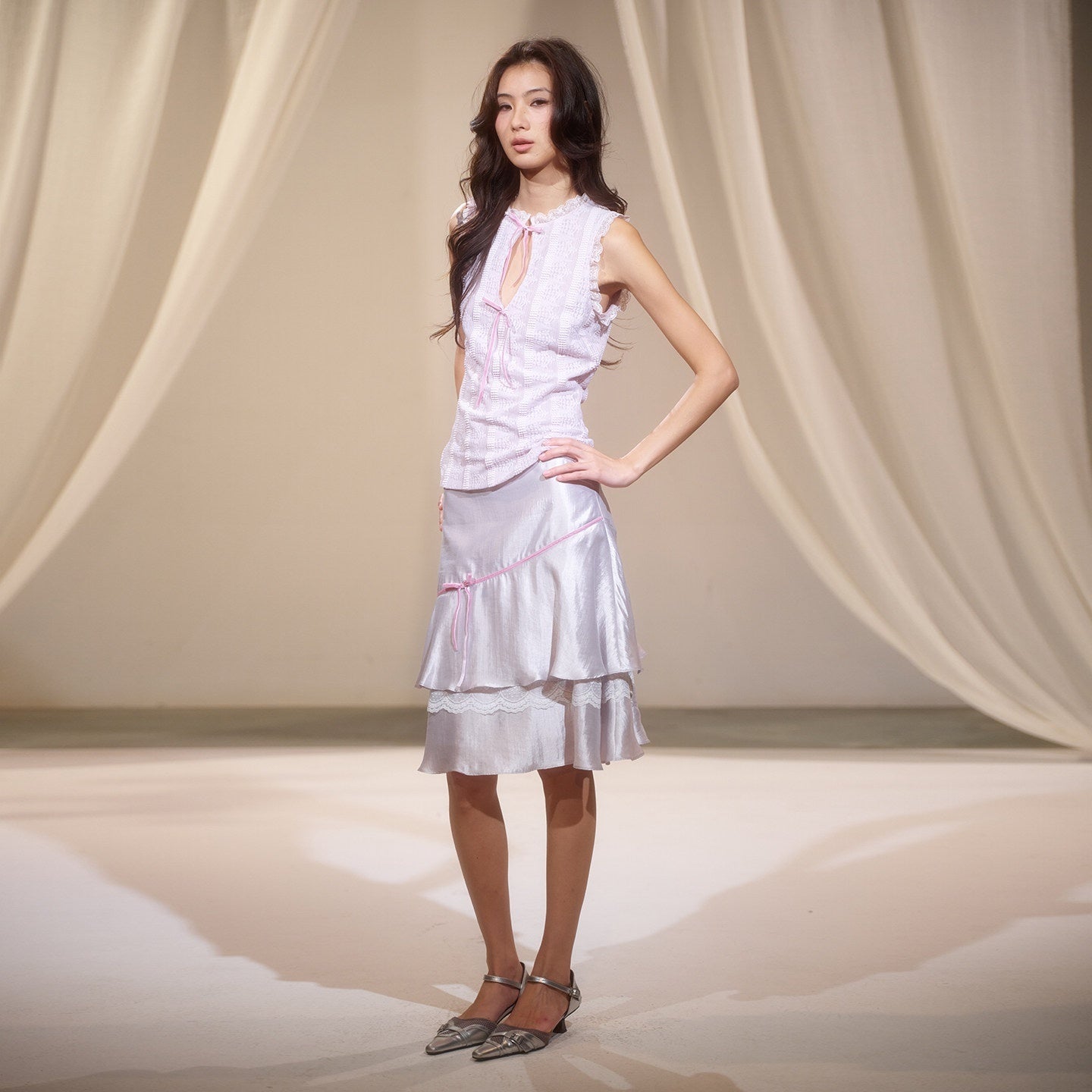 lvetong High Waist Vintage Ruffle A Line Lyocell Women Casual Silver Midi Skirts