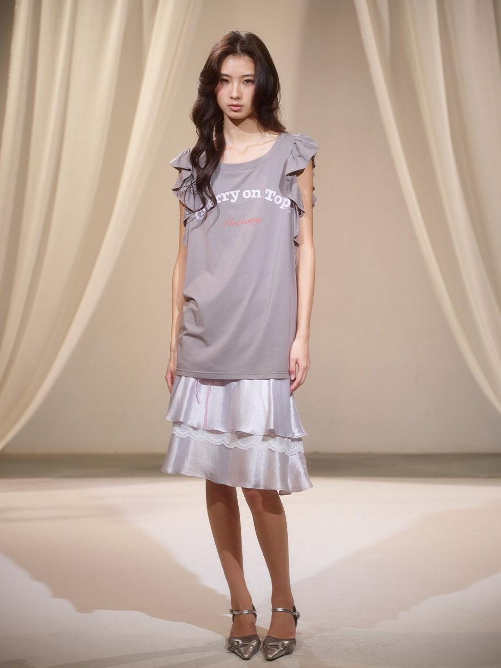 lvetong High Waist Vintage Ruffle A Line Lyocell Women Casual Silver Midi Skirts