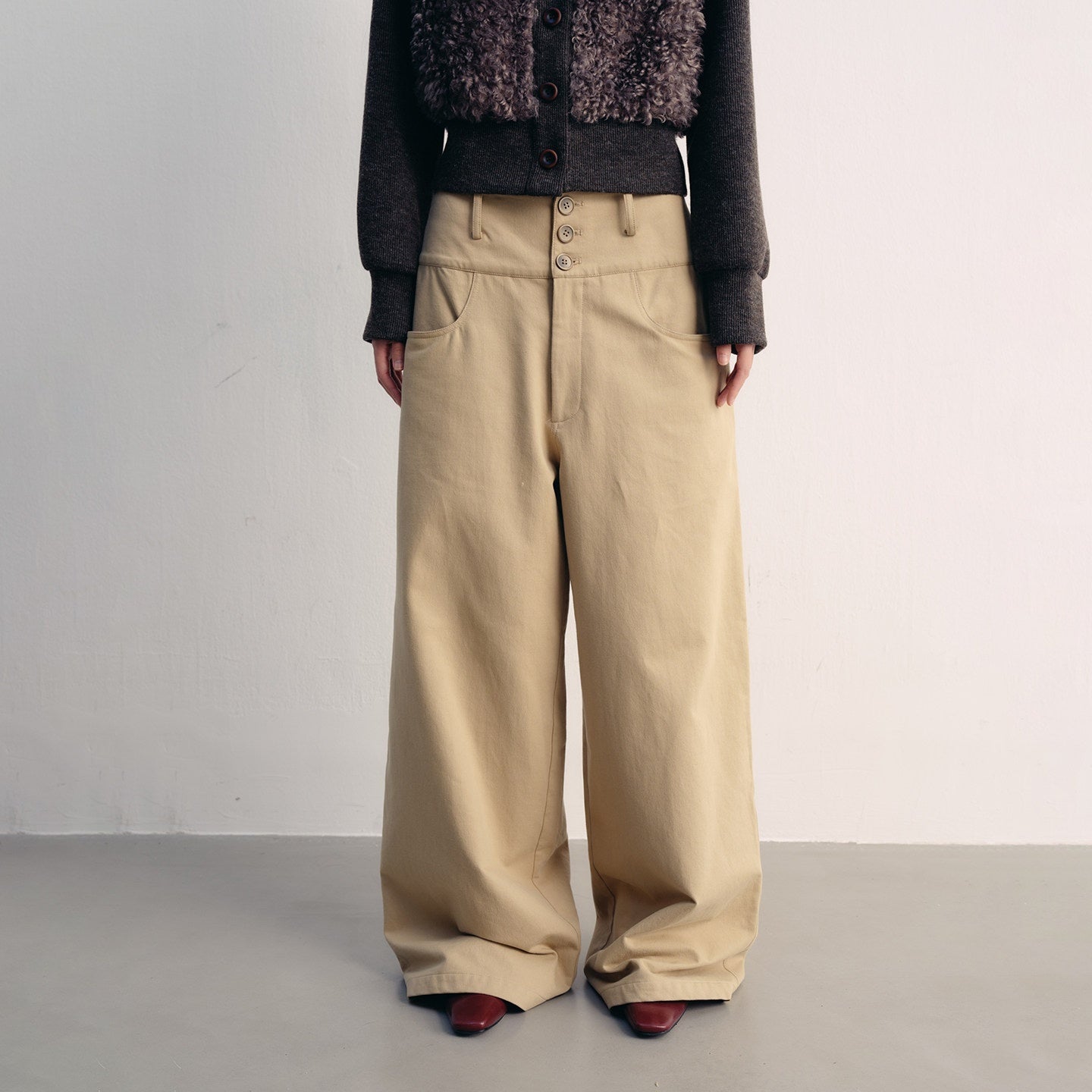 lvetong Khaki Cotton Zip Front Natural Waist Street Sporty Straight Wide-Leg Pants
