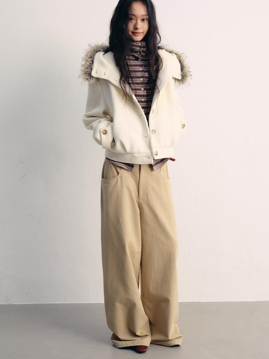 lvetong Khaki Cotton Zip Front Natural Waist Street Sporty Straight Wide-Leg Pants