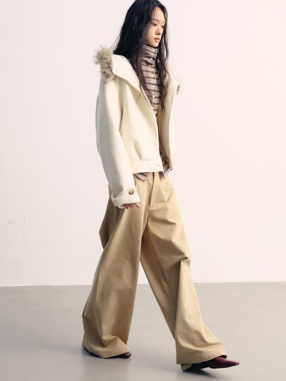 lvetong Khaki Cotton Zip Front Natural Waist Street Sporty Straight Wide-Leg Pants