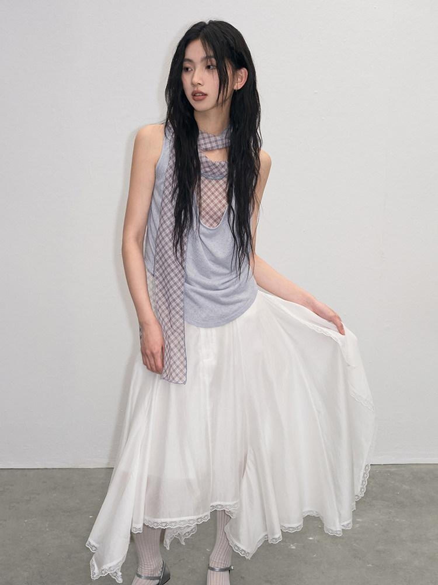 lvetong Lace Ruched A Line Mid Waist Loose Street Sporty Casual Young Women Midi Skirts