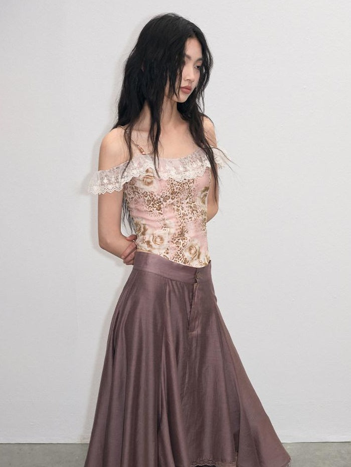 lvetong Lace Ruched A Line Mid Waist Loose Street Sporty Casual Young Women Midi Skirts
