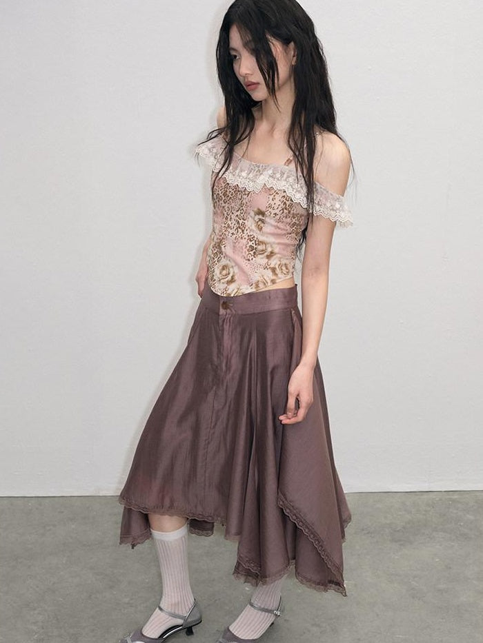 lvetong Lace Ruched A Line Mid Waist Loose Street Sporty Casual Young Women Midi Skirts