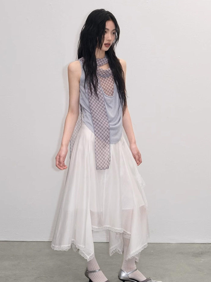 lvetong Lace Ruched A Line Mid Waist Loose Street Sporty Casual Young Women Midi Skirts