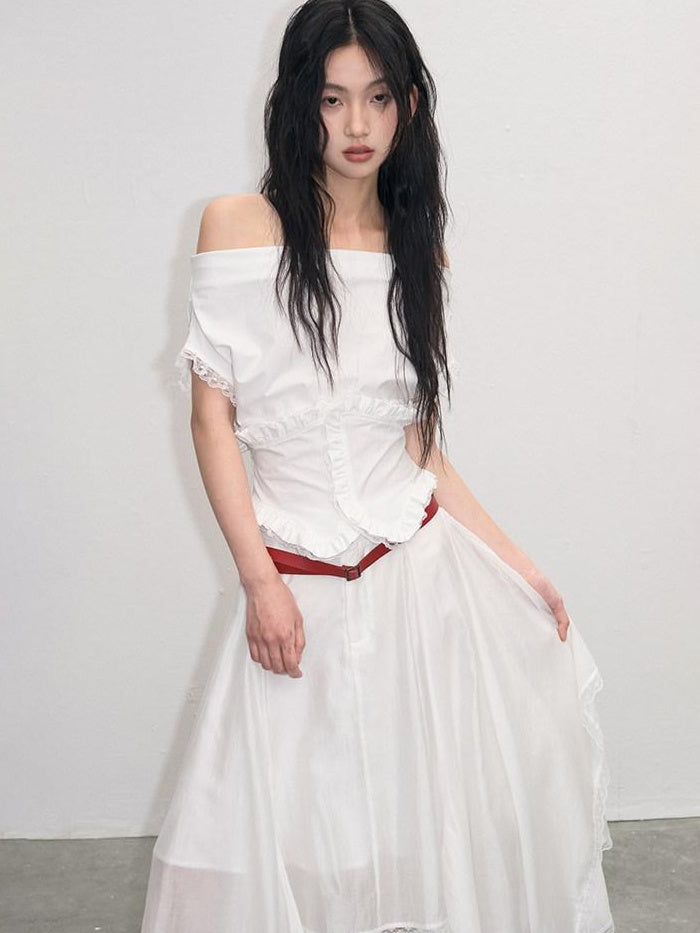 lvetong Lace Ruched A Line Mid Waist Loose Street Sporty Casual Young Women Midi Skirts