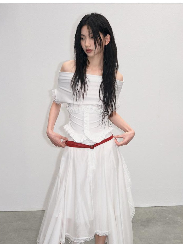 lvetong Lace Ruched A Line Mid Waist Loose Street Sporty Casual Young Women Midi Skirts
