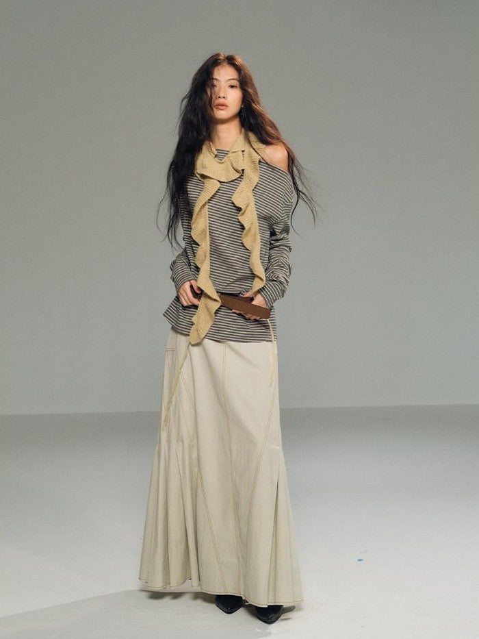 lvetong Light Khaki Side Pleated A Line Low Waist Loose Women&
