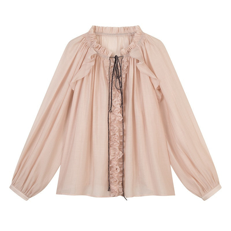 lvetong Lightweight Ruffle V-neck Street Sport Loose Fit Pink Solid Long Sleeve T-Shirts