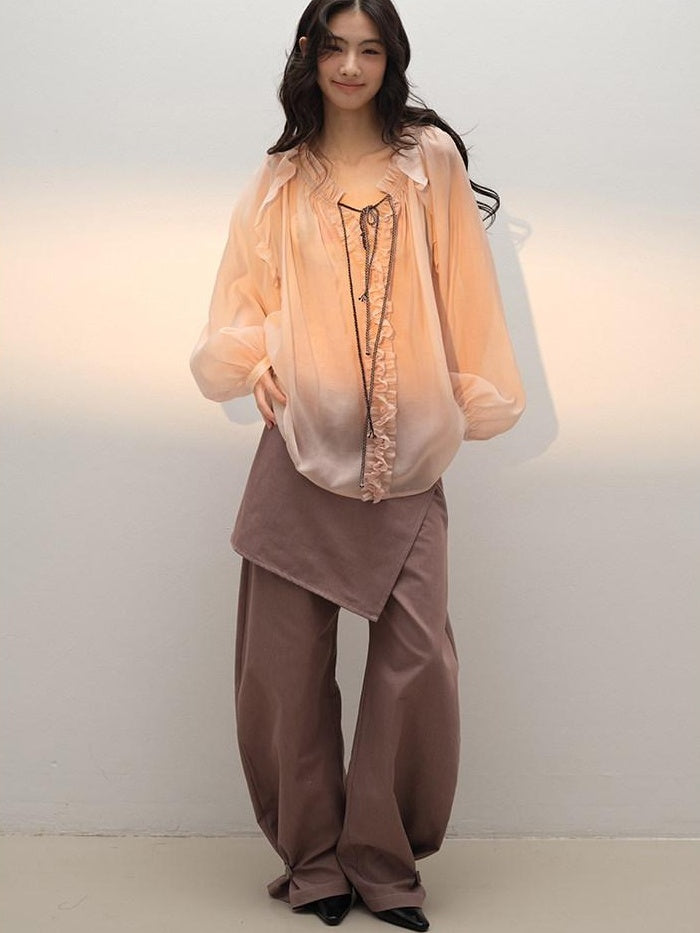 lvetong Lightweight Ruffle V-neck Street Sport Loose Fit Pink Solid Long Sleeve T-Shirts