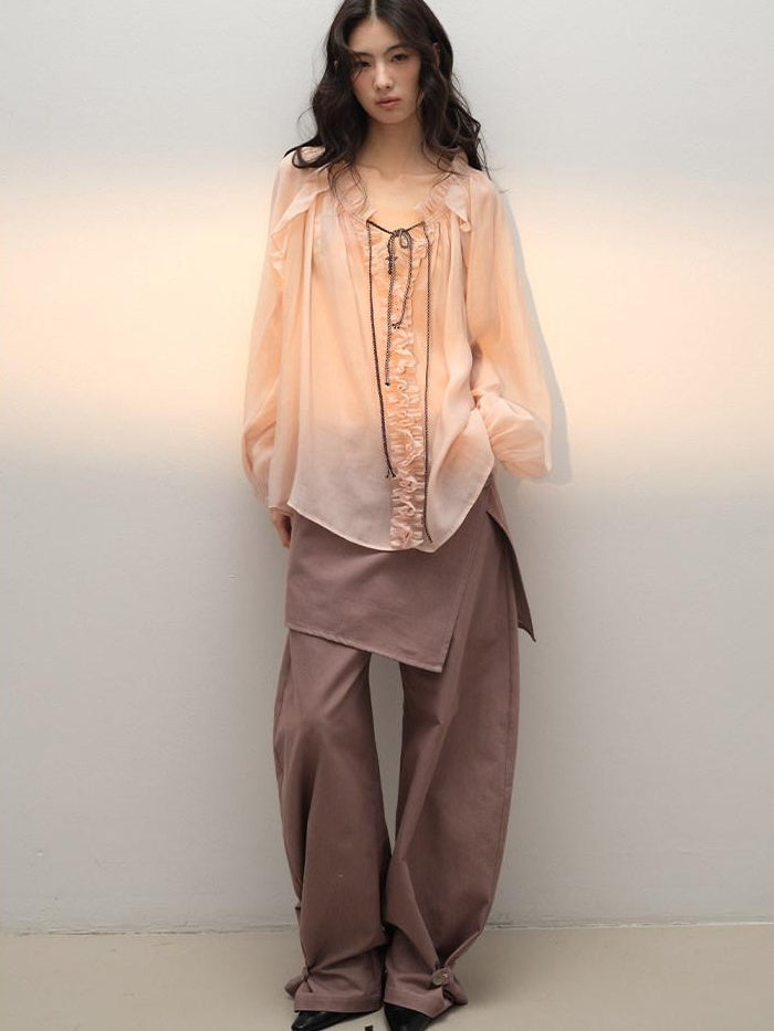 lvetong Lightweight Ruffle V-neck Street Sport Loose Fit Pink Solid Long Sleeve T-Shirts