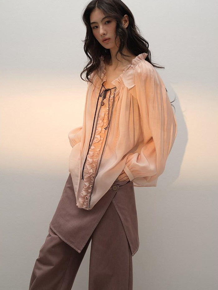 lvetong Lightweight Ruffle V-neck Street Sport Loose Fit Pink Solid Long Sleeve T-Shirts